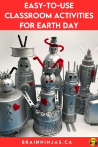 Are you looking for activities to do with your upper elementary class? We pulled together Earth Day themed lessons and activities (but they can be used any time of year) for your upper elementary classroom. Come check out the resources, books, and ideas to use right away. This upcycled robot art project is a hit every year!