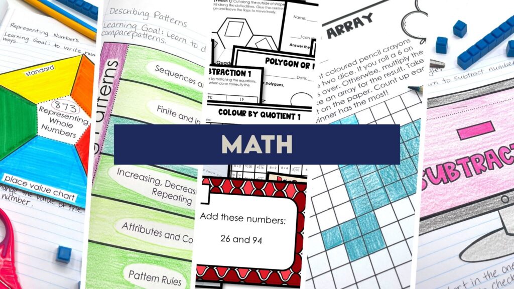 A picture of different math resources created by Brain Ninjas for Grades 3-6 in British Columbia.