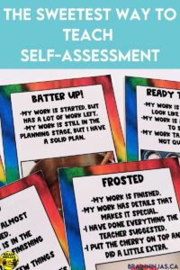 A set of colourful posters featuring cupcakes can help with self-assessment. Teach students to self-assess with this rubric that helps take the burden of feedback off your teacher shoulders and helps students truly understand the quality of their work.