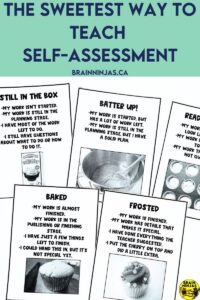 A set of cupcake posters hangs on a bulletin board in a classroom. Teach students to self-assess with this rubric that helps take the burden of feedback off your teacher shoulders and helps students truly understand the quality of their work.