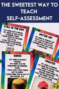 A set of black and white cupcake posters hang on a wall. Teach students to self-assess with this rubric that helps take the burden of feedback off your teacher shoulders and helps students truly understand the quality of their work.